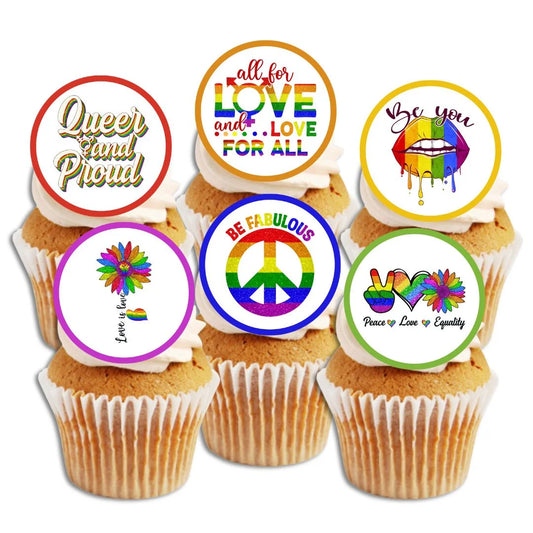 LGBTQ Theme Edible Cupcake Toppers on white frosted cupcakes 