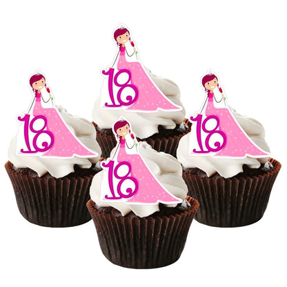 18th Birthday Girl Princess Edible Cupcake Toppers on chocolate frosted cupcakes 