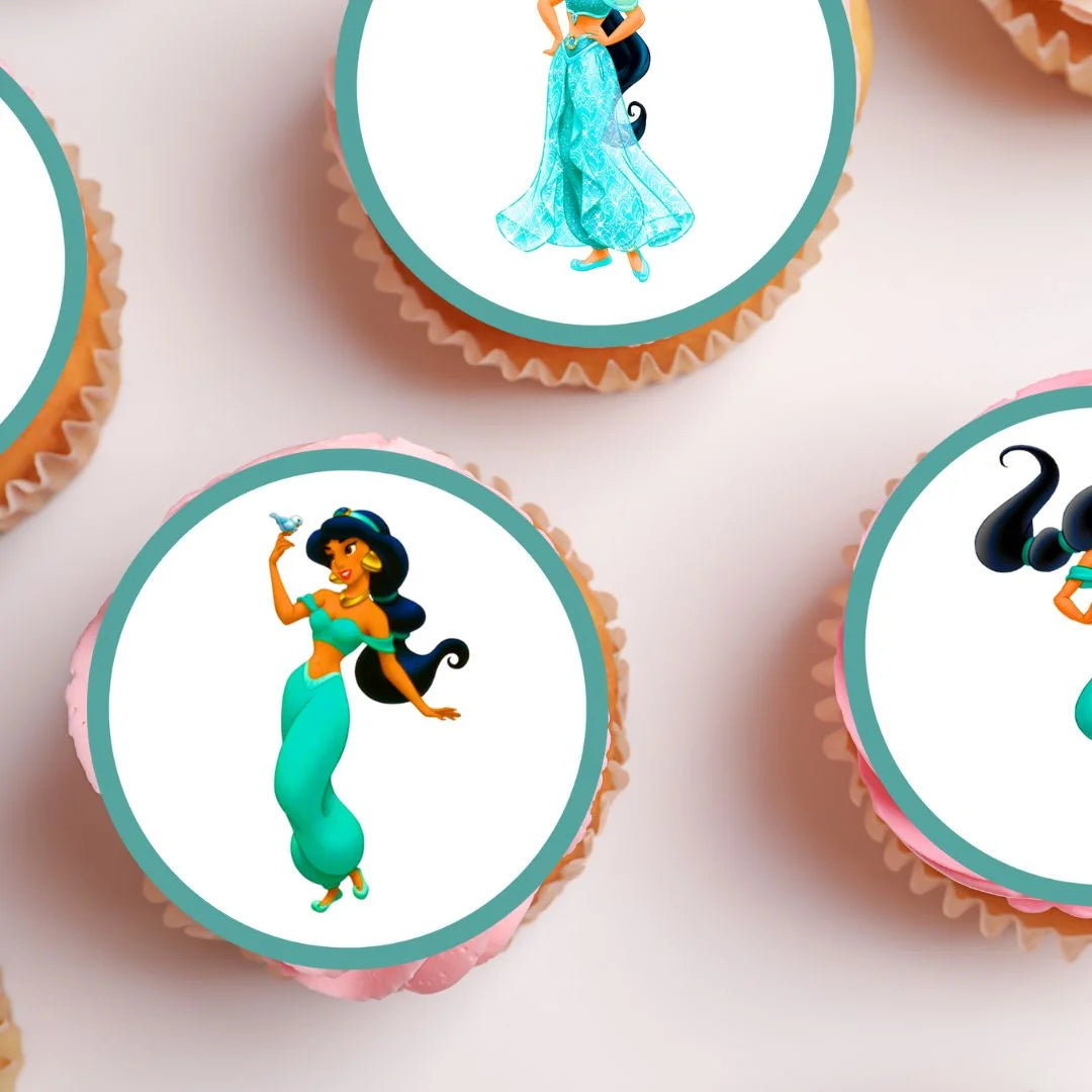 Princess Jasmine Theme Edible Cupcake Toppers on pink frosted cupcakes 