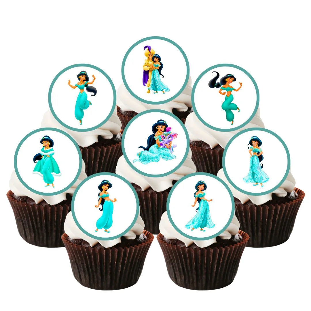 Princess Jasmine Theme Edible Cupcake Toppers on chocolate cupcakes with white frosting