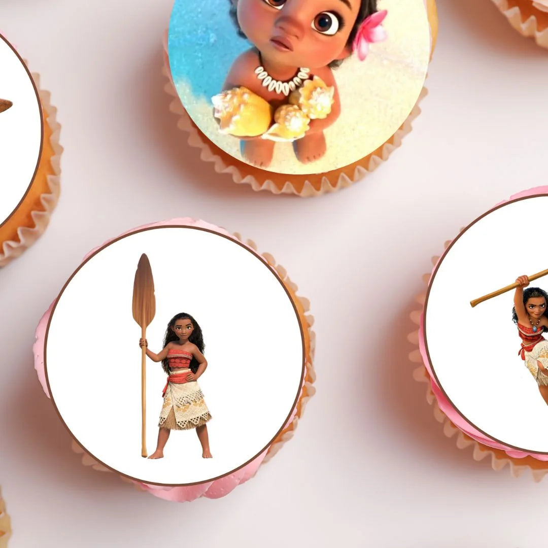 Princess Moana Theme Edible Cupcake Toppers on chocolate cupcakes with white frosting