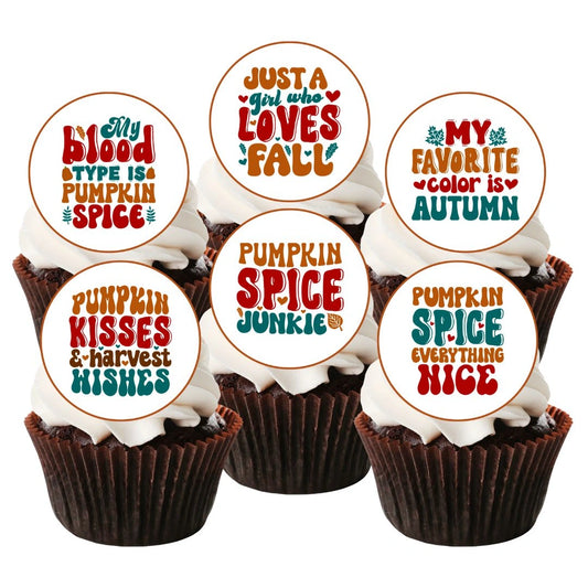 Pumpkin Spice Edible Cupcake Toppers on chocolate cupcakes with white frosting 