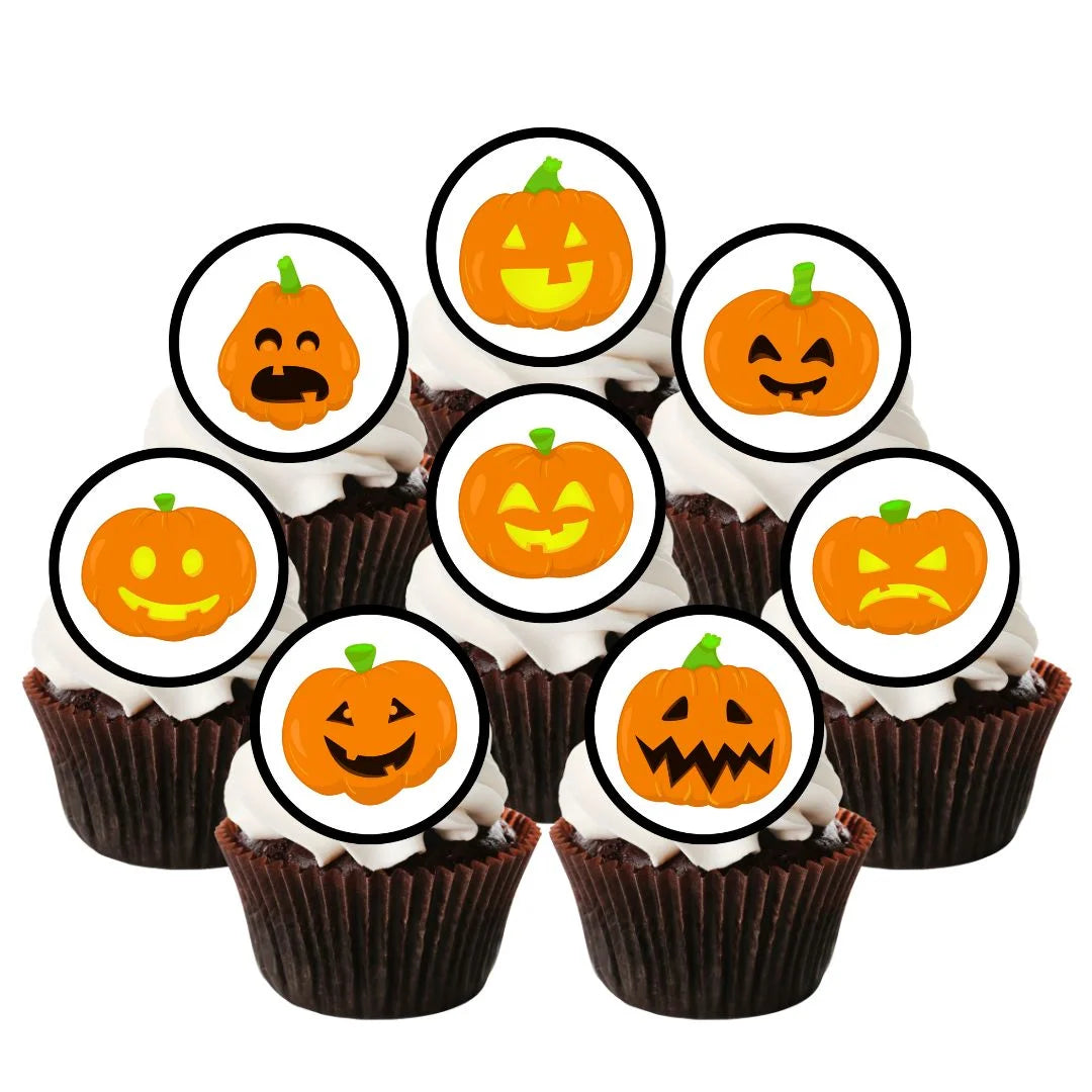 Halloween Pumpkins Edible Cupcake Toppers on chocolate cupcakes with white frosting 