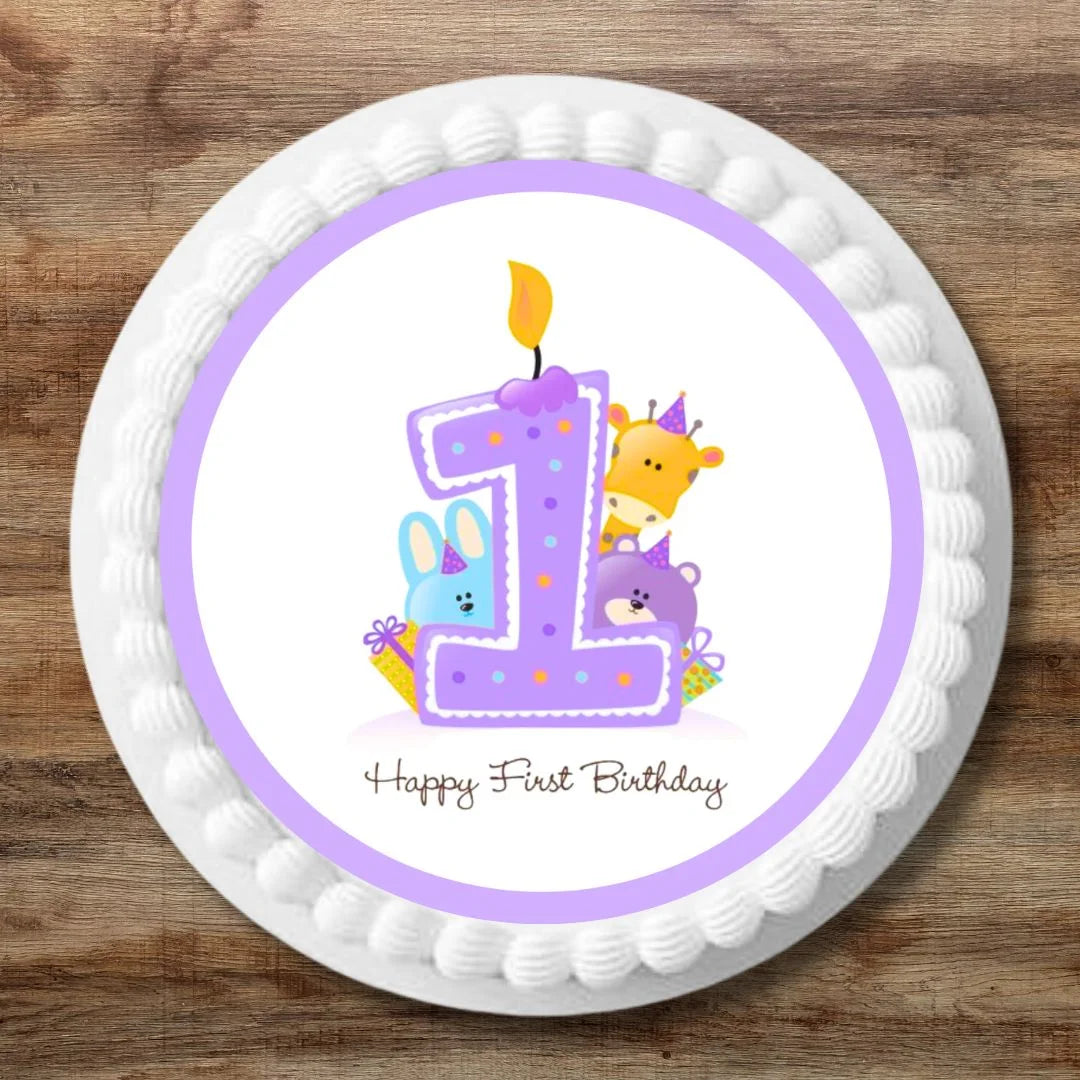 1st Birthday Purple Edible cake Topper on a white iced cake