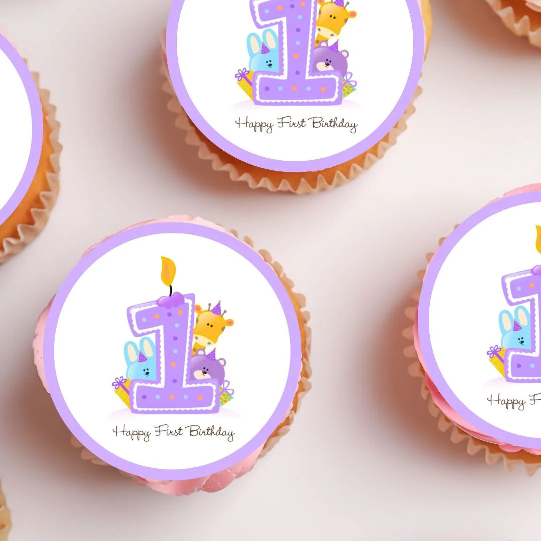 1st Birthday Purple Edible Cupcake Toppers close up