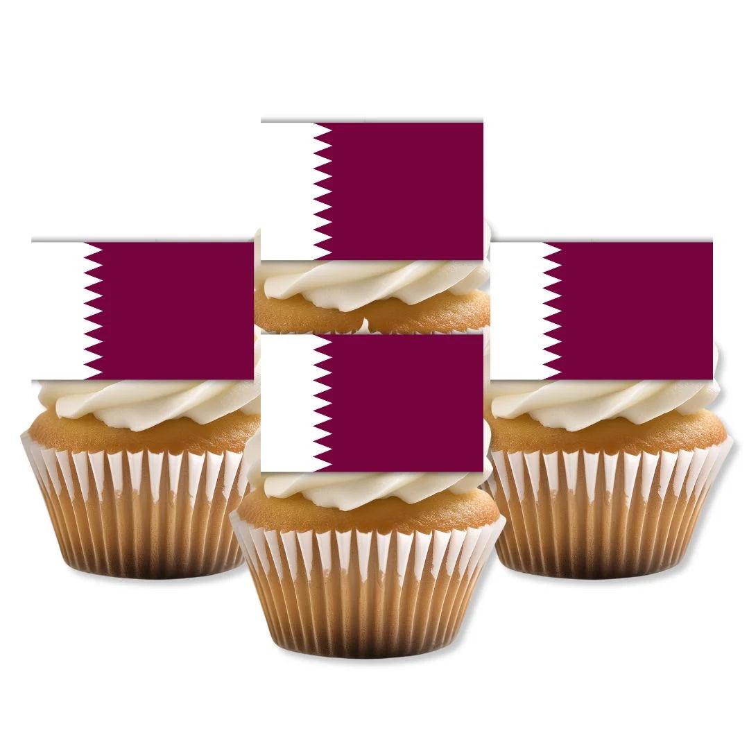 Qatar Flag Edible Cupcake Toppers on white frosted cupcakes 