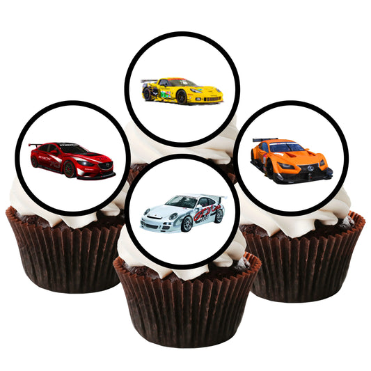 Race Cars Edible Cupcake Toppers on white frosted cupcakes