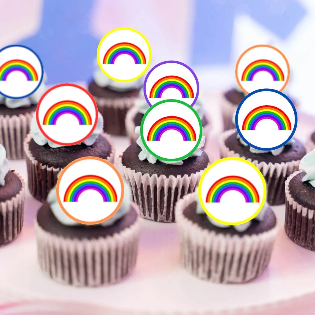 Rainbow Edible Cupcake Toppers on chocolate cupcakes with white frosting 