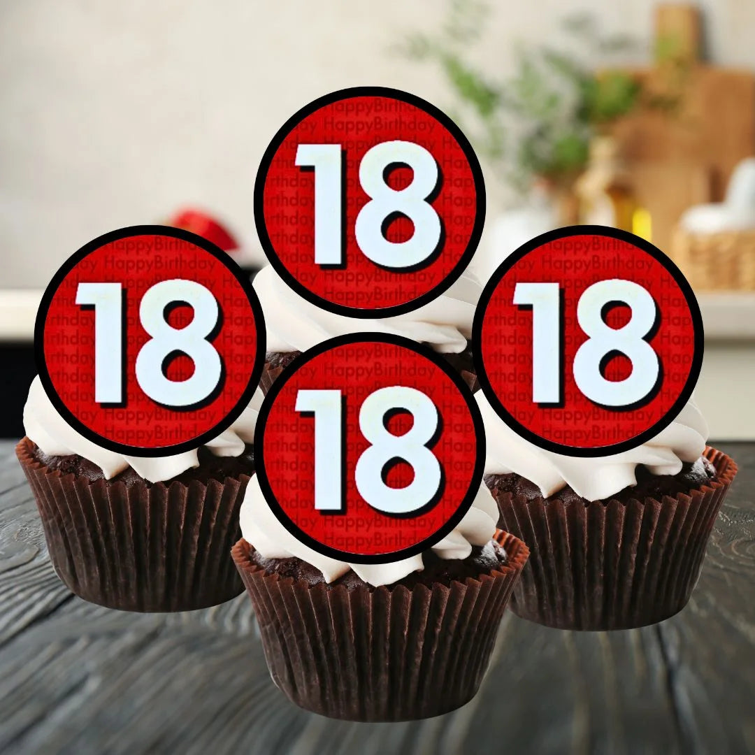 18th Birthday Red Theme Edible Cupcake Toppers on chocolate cupcakes with white frosting