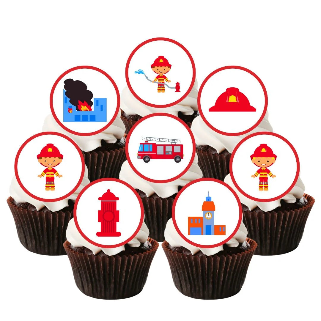 Fire Service Red + Blue disc shaped Edible Cupcake Toppers on chocolate cupcakes with white frosting