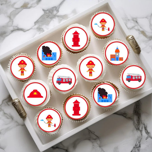 Fire Service Red + Blue disc shaped Edible Cupcake Toppers on cupcakes with white frosting