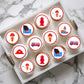 Fire Service Red + Blue disc shaped Edible Cupcake Toppers on cupcakes with white frosting