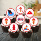 Fire Service Red + Blue disc shaped Edible Cupcake Toppers on chocolate cupcakes with white frosting