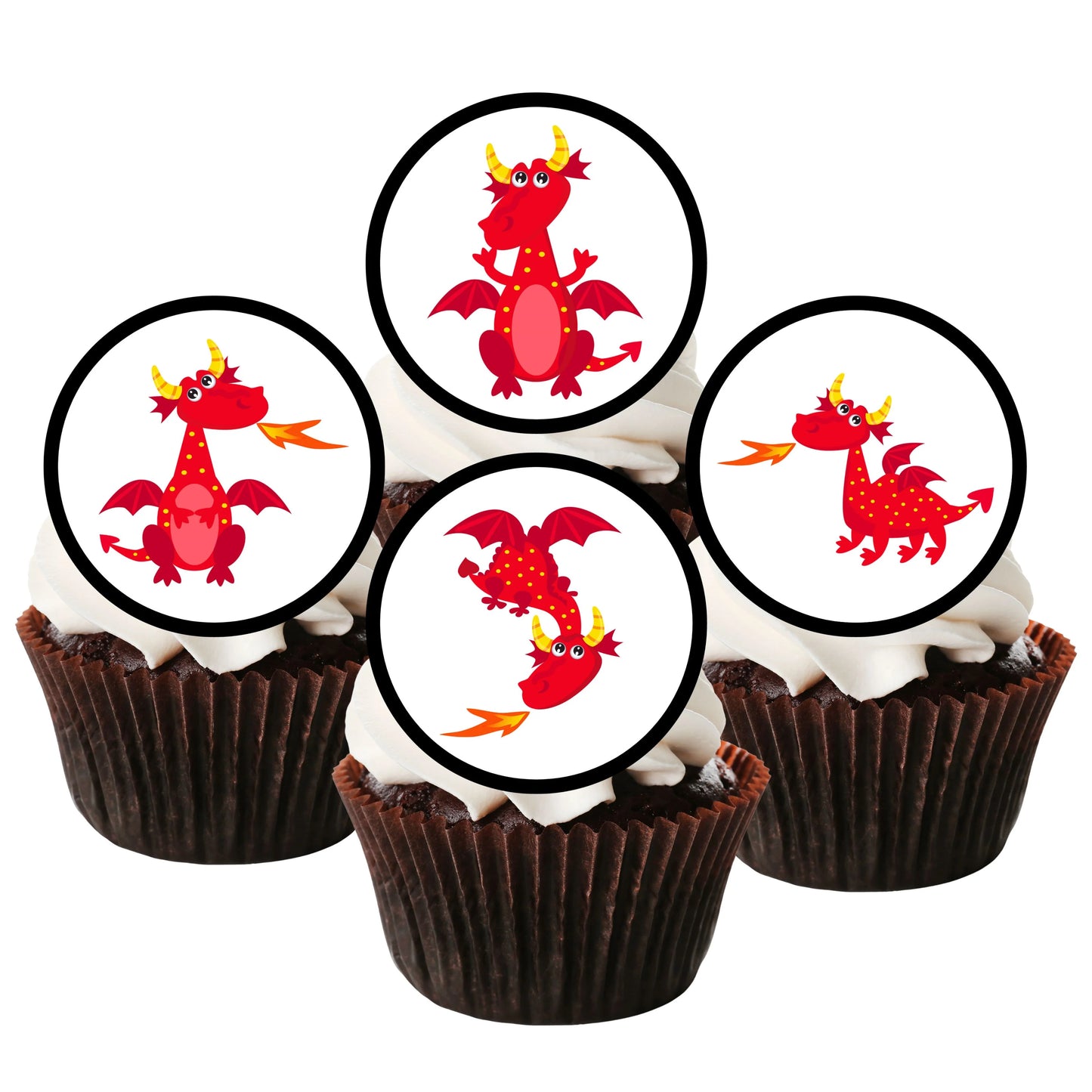 chocolate cupcakes with white frosting and edible red dragon cupcake toppers