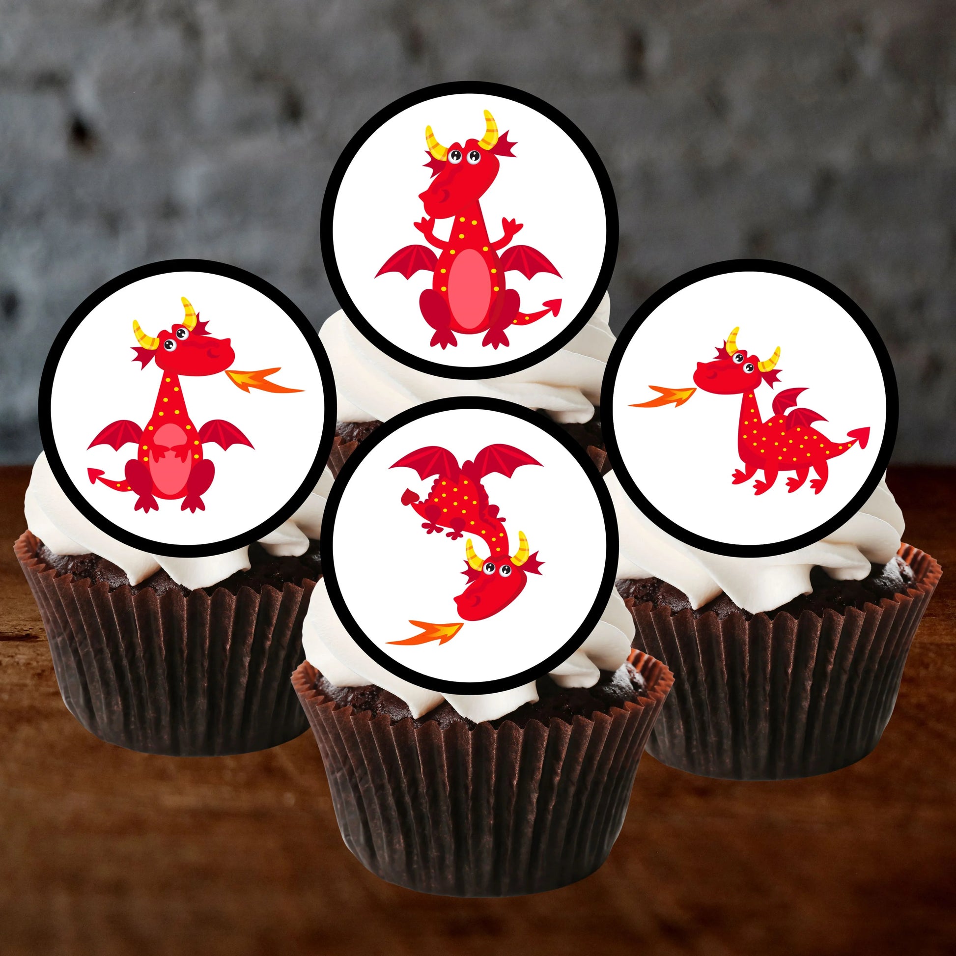 chocolate cupcakes with white frosting and red dragon edible cupcake toppers