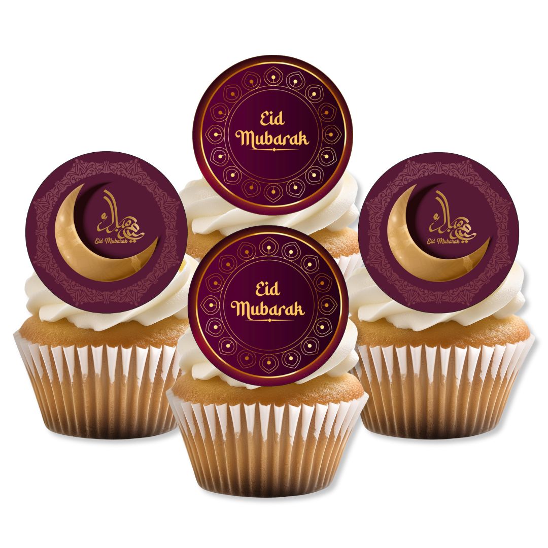 Cupcakes with 'Eid Mubarak' toppers on a white background
