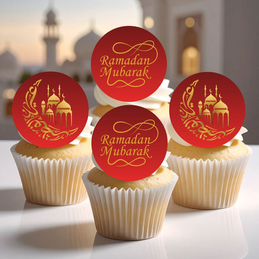 Cupcakes with 'Ramadan Mubarak' toppers on a blurred mosque background