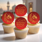 Cupcakes with 'Ramadan Mubarak' toppers on a blurred mosque background