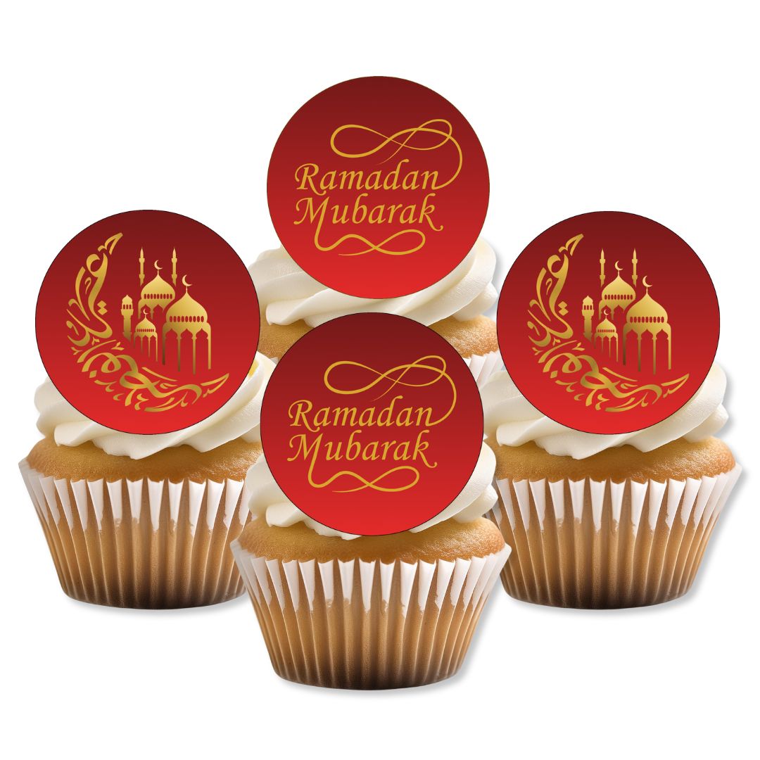 Cupcakes with 'Ramadan Mubarak' toppers on a white background
