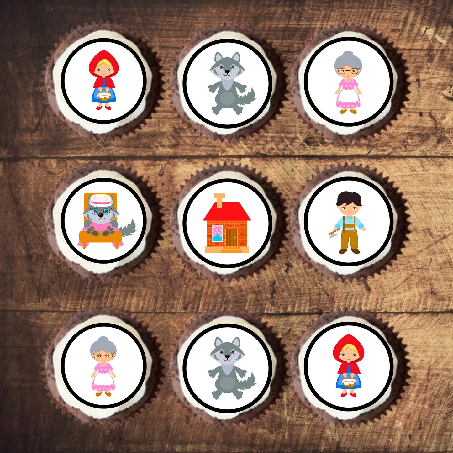 Red Riding Hood Edible Cupcake Toppers on chocolate cupcakes with white frosting 