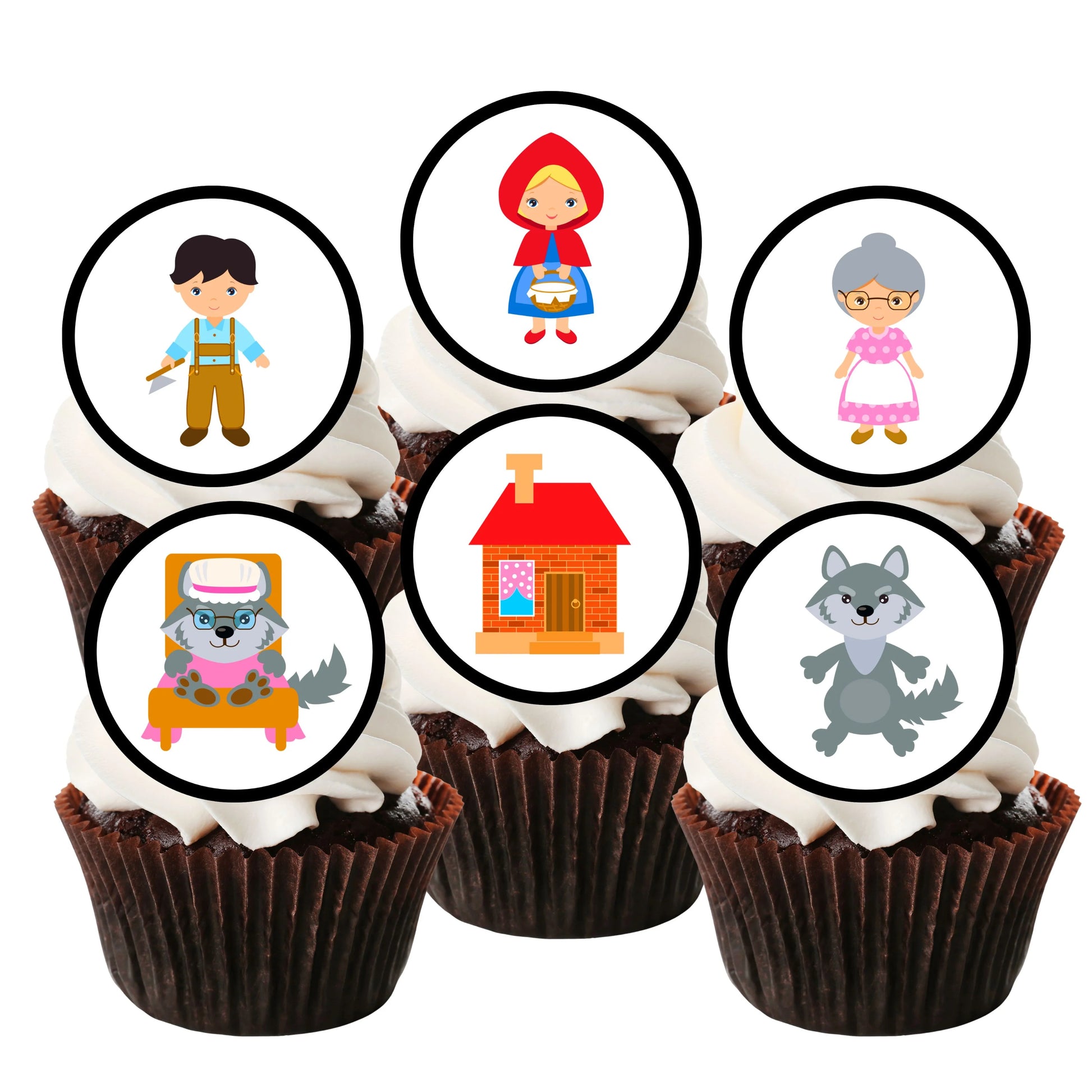 Red Riding Hood Edible Cupcake Toppers on chocolate cupcakes with white frosting 