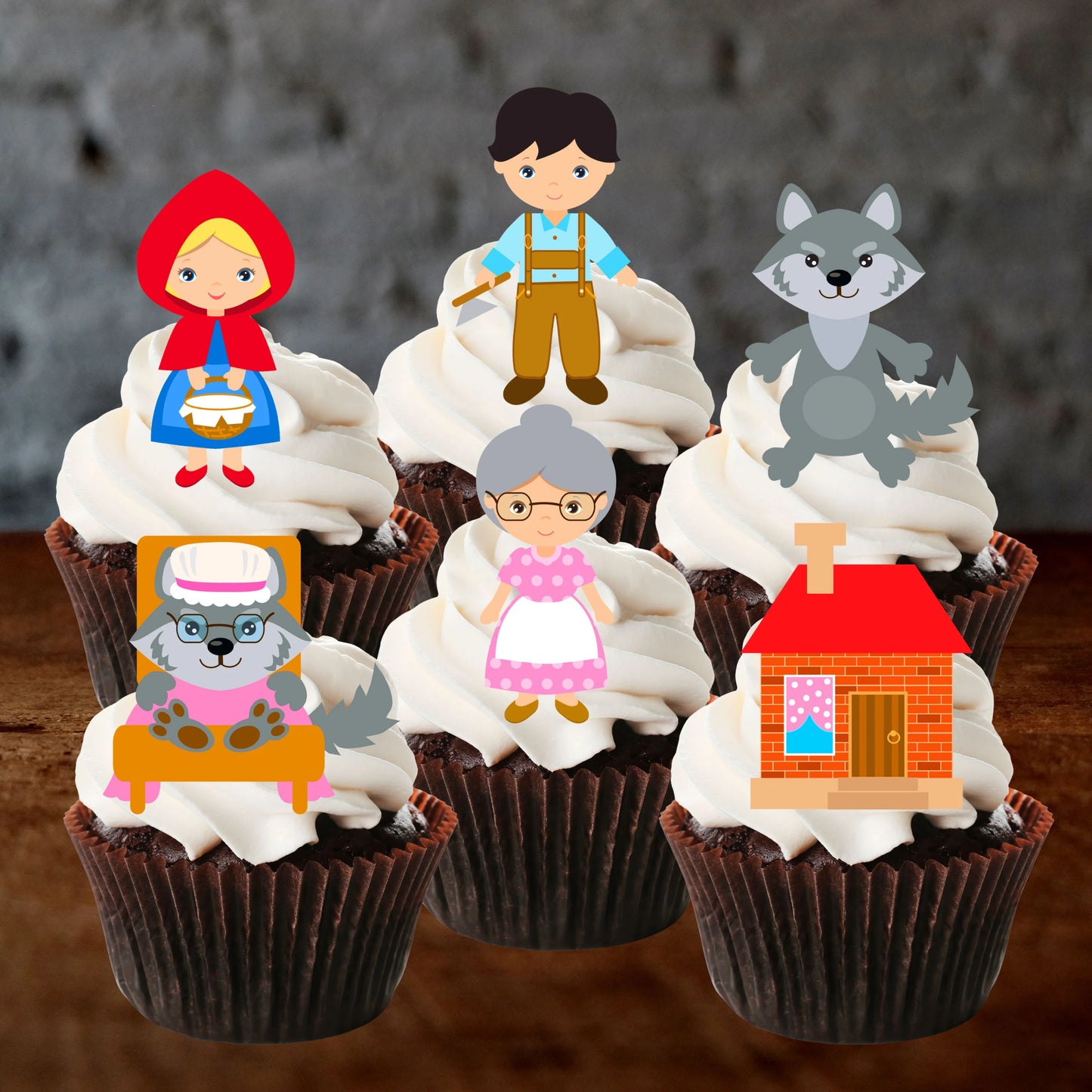 Red Riding Hood Theme Edible Cupcake Toppers on cupcakes with white frosting