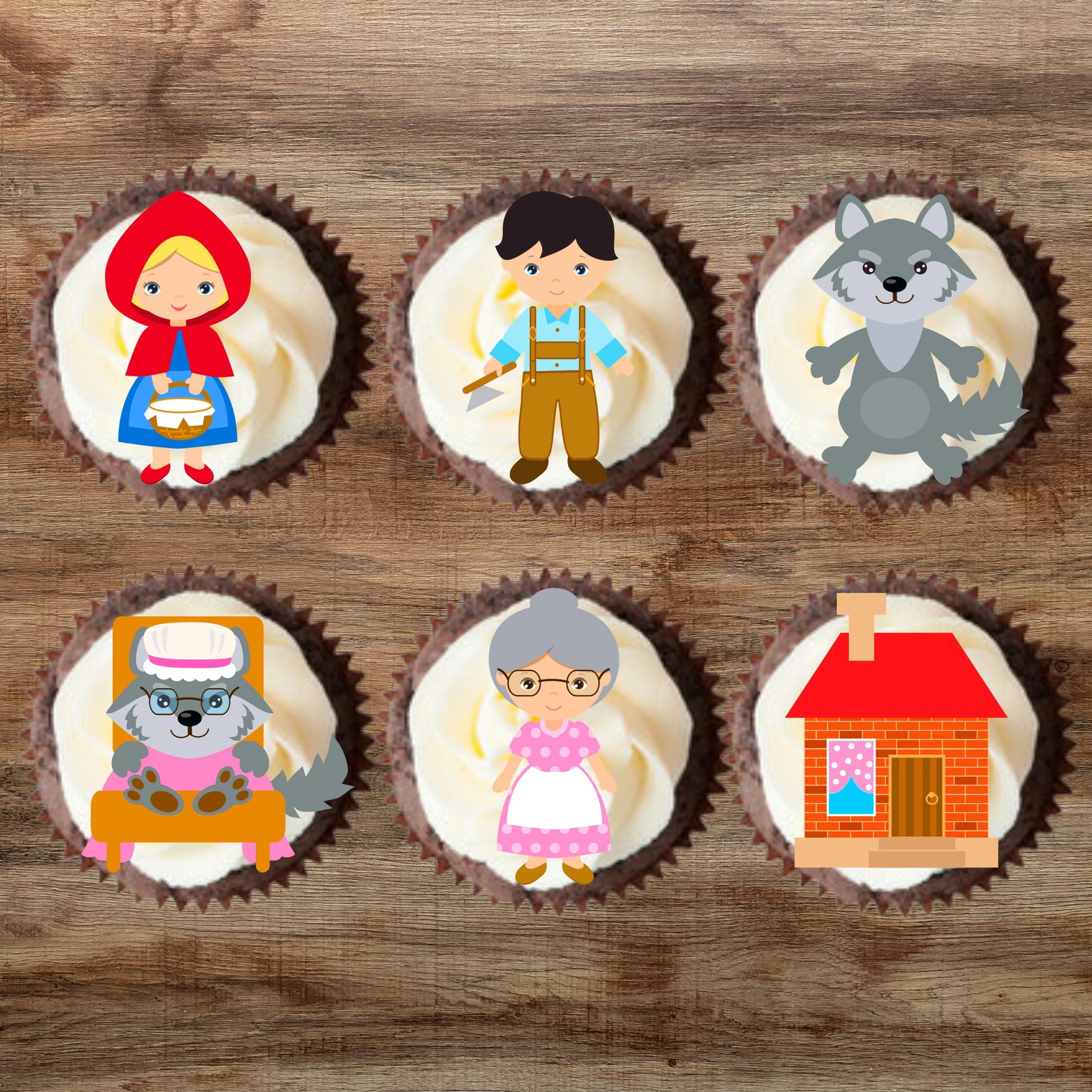 Red Riding Hood Theme Edible Cupcake Toppers on cupcakes with white frosting