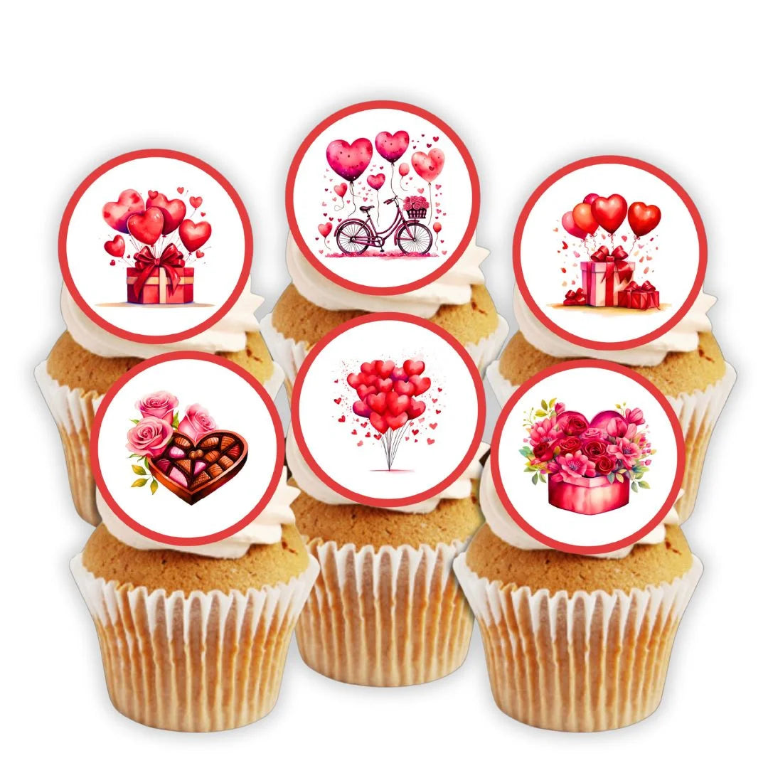 Red Valentines Day Edible Cupcake Toppers on white frosted cupcakes 