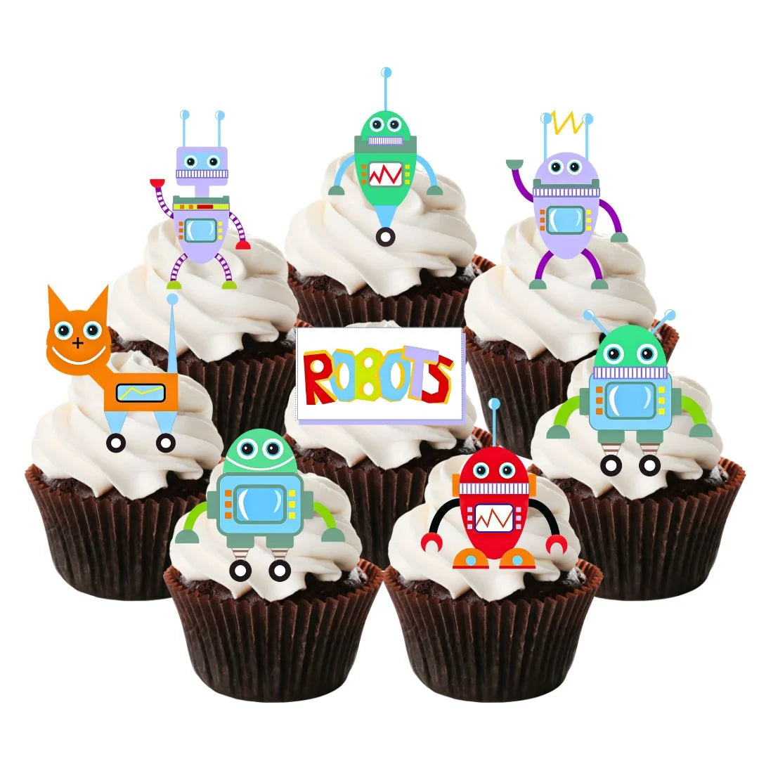 Robots Edible Cupcake Toppers on chocolate cupcakes with white frosting 