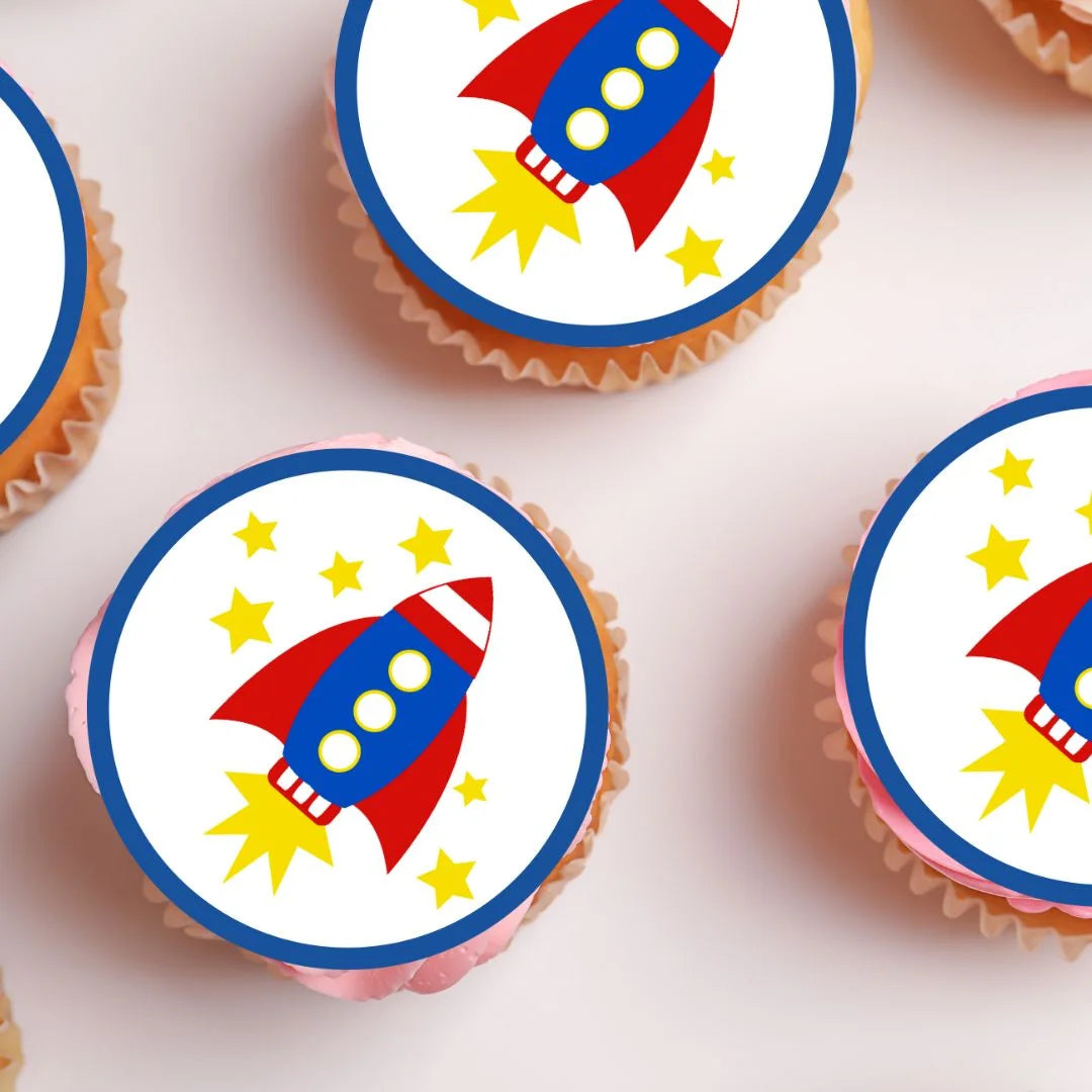 Rockets Edible Cupcake Toppers on cupcakes with white frosting 