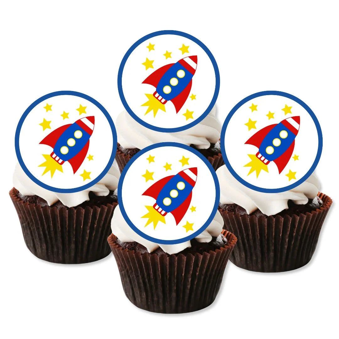 Rockets Edible Cupcake Toppers on chocolate cupcakes with white frosting 