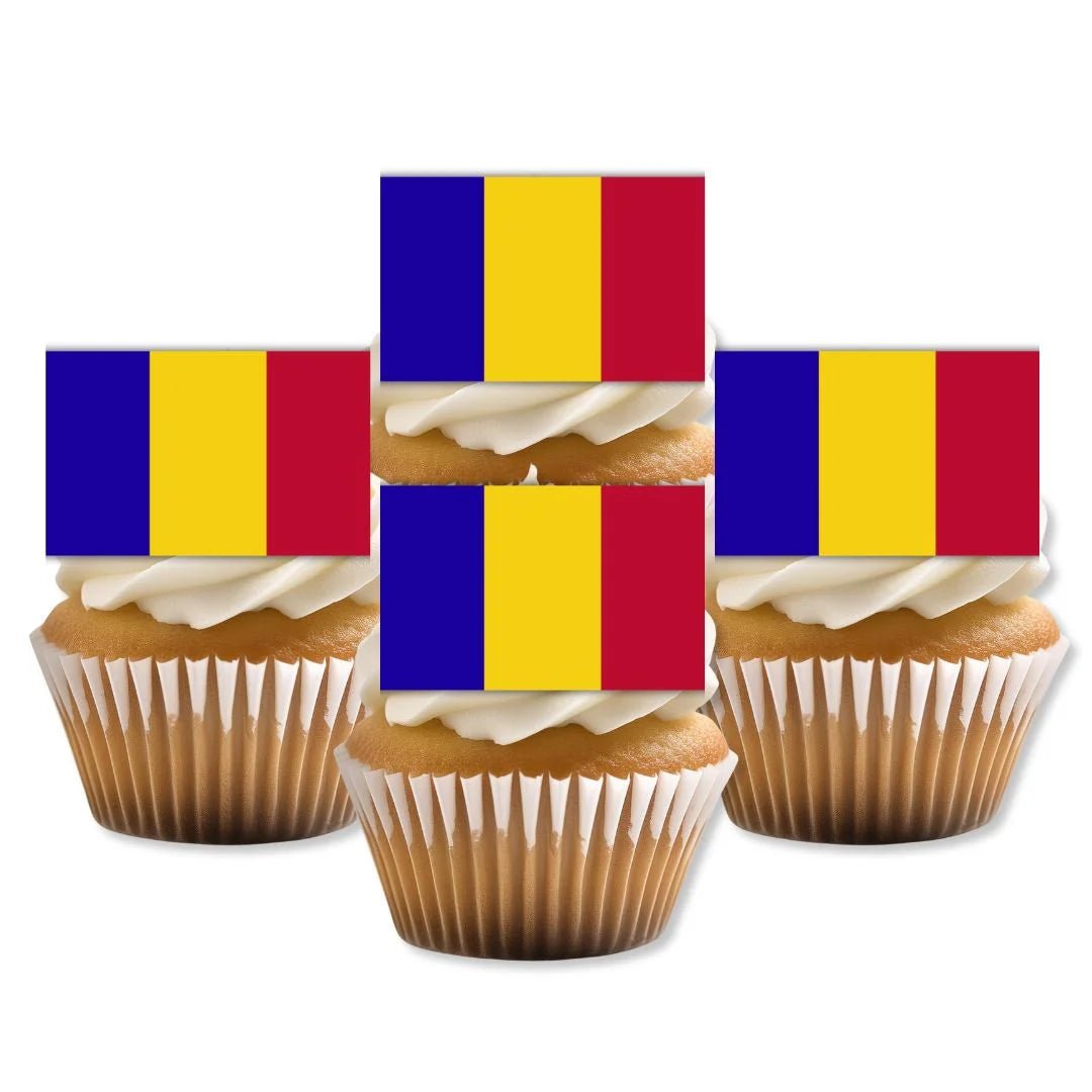 Romania Flag Edible Cupcake Toppers on white frosted cupcakes 