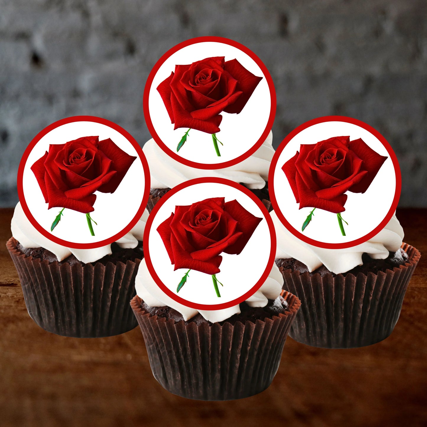 Red Roses Edible Cupcake Toppers on chocolate cupcakes with white frosting 