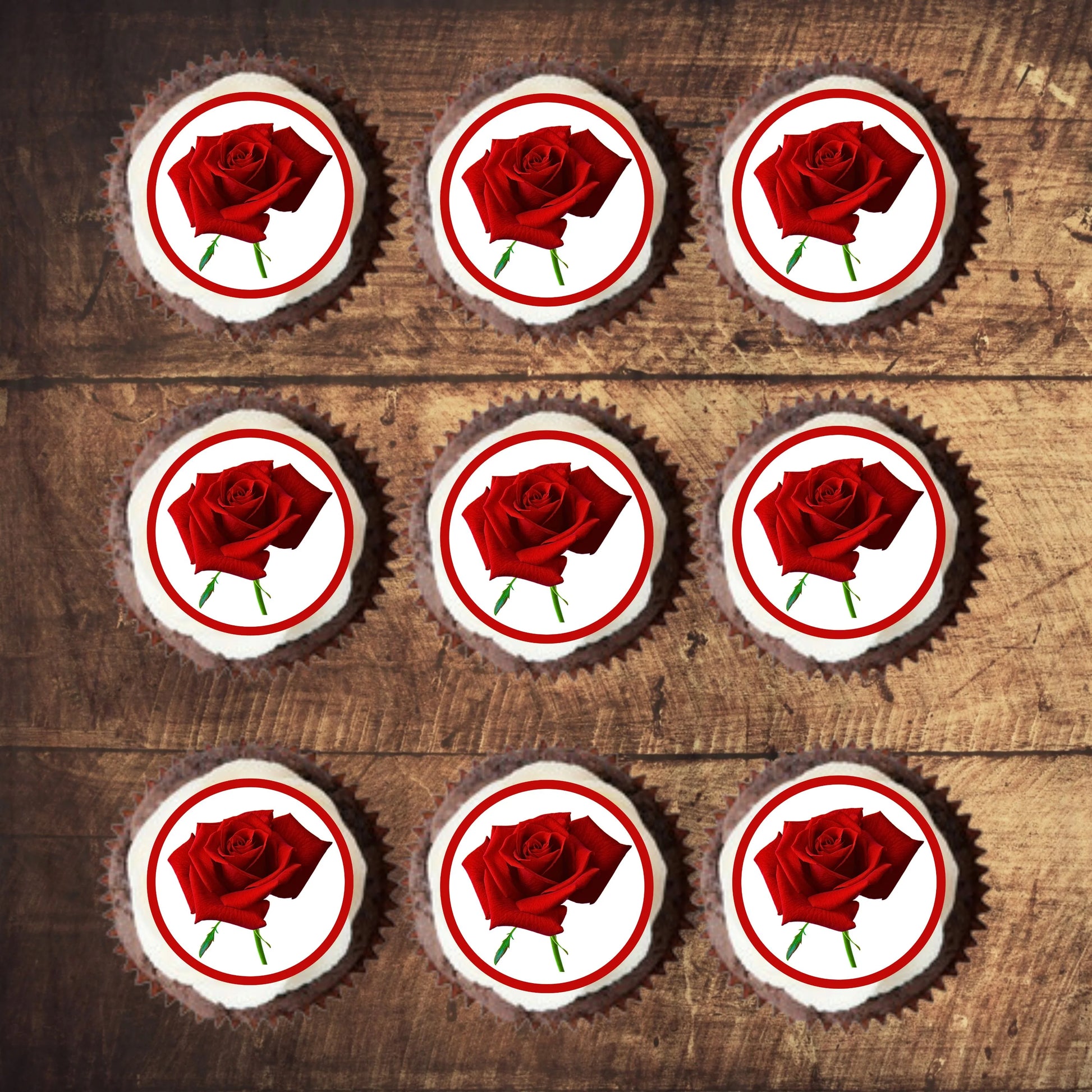 Red Roses Edible Cupcake Toppers on chocolate cupcakes with white frosting 