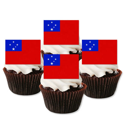 Samoa Flag Edible Cupcake Toppers on chocolate cupcakes with white frosting