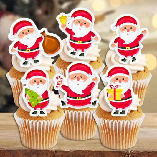 Cute Santa Edible Cupcake Toppers on white frosted cupcakes