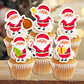 Cute Santa Edible Cupcake Toppers on white frosted cupcakes