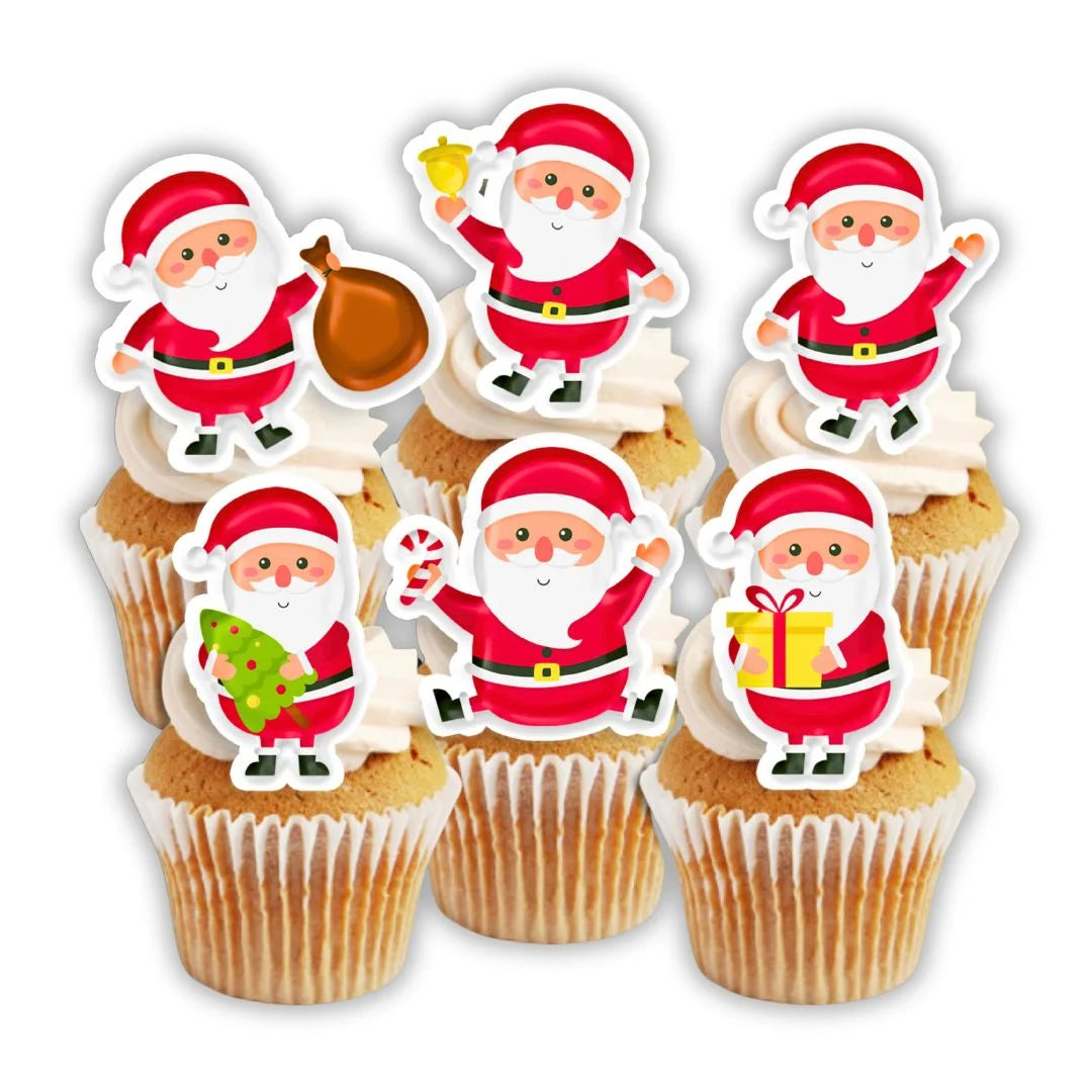 Cute Santa Edible Cupcake Toppers on white frosted cupcakes 