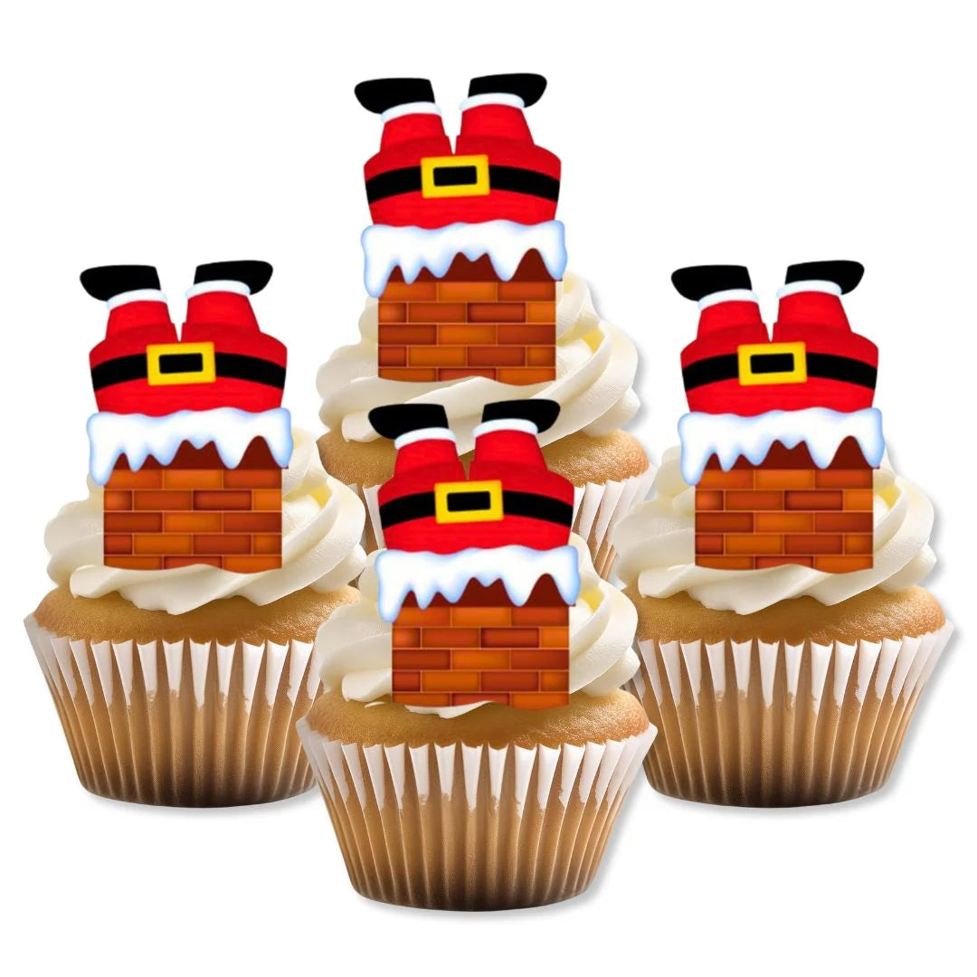 Santa Stuck In Chimney Edible Cupcake Toppers on white frosted cupcakes