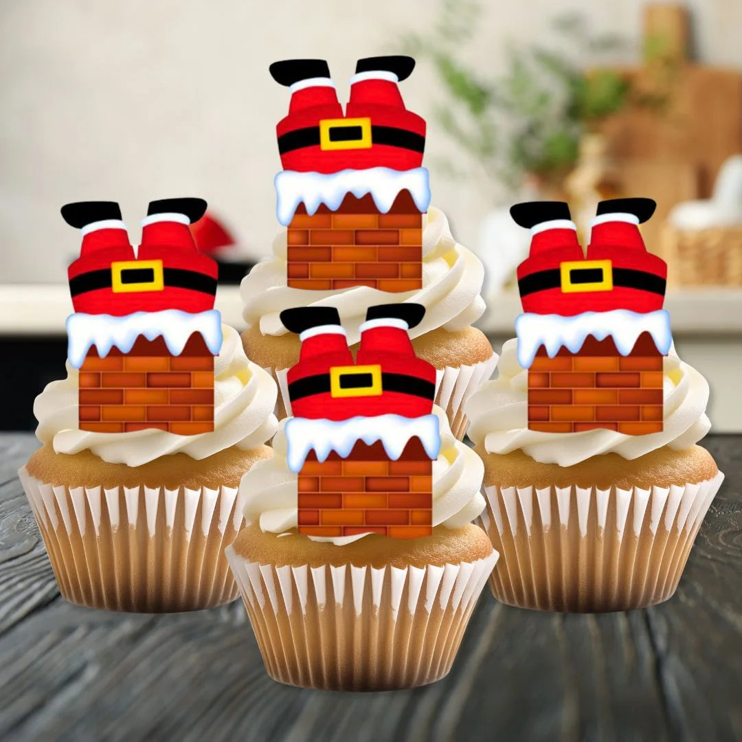 Santa Stuck In Chimney Edible Cupcake Toppers on white frosted cupcakes