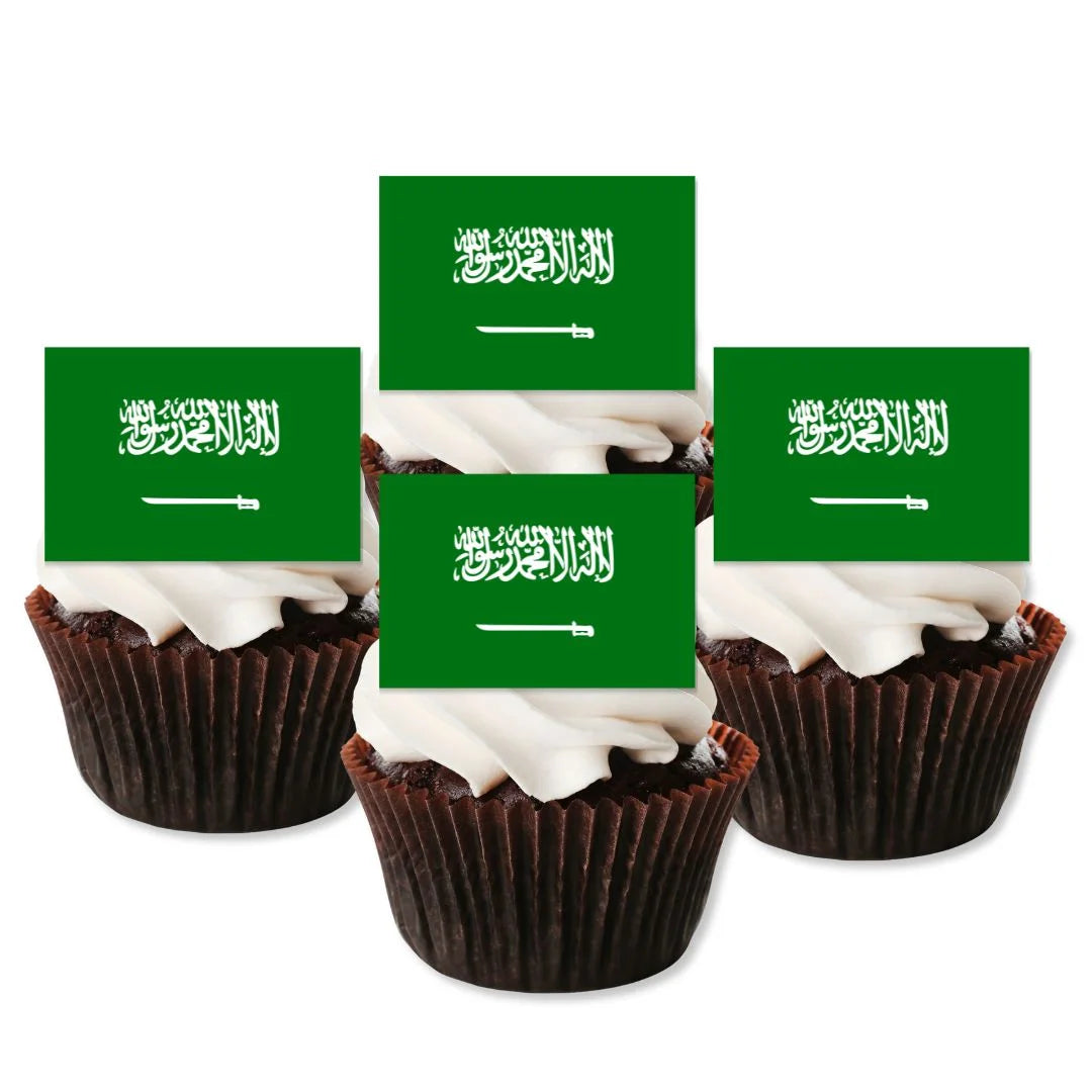 Saudi Arabia Flag Edible Cupcake Toppers on chocolate cupcakes with white frosting 