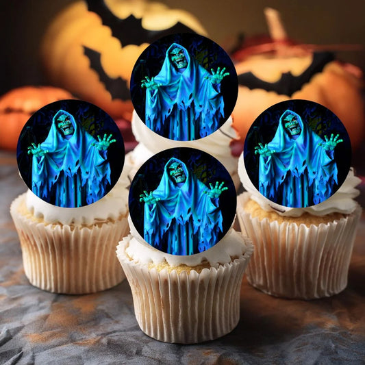 Halloween Scary Ghost Edible Cupcake Toppers on white frosted cupcakes 