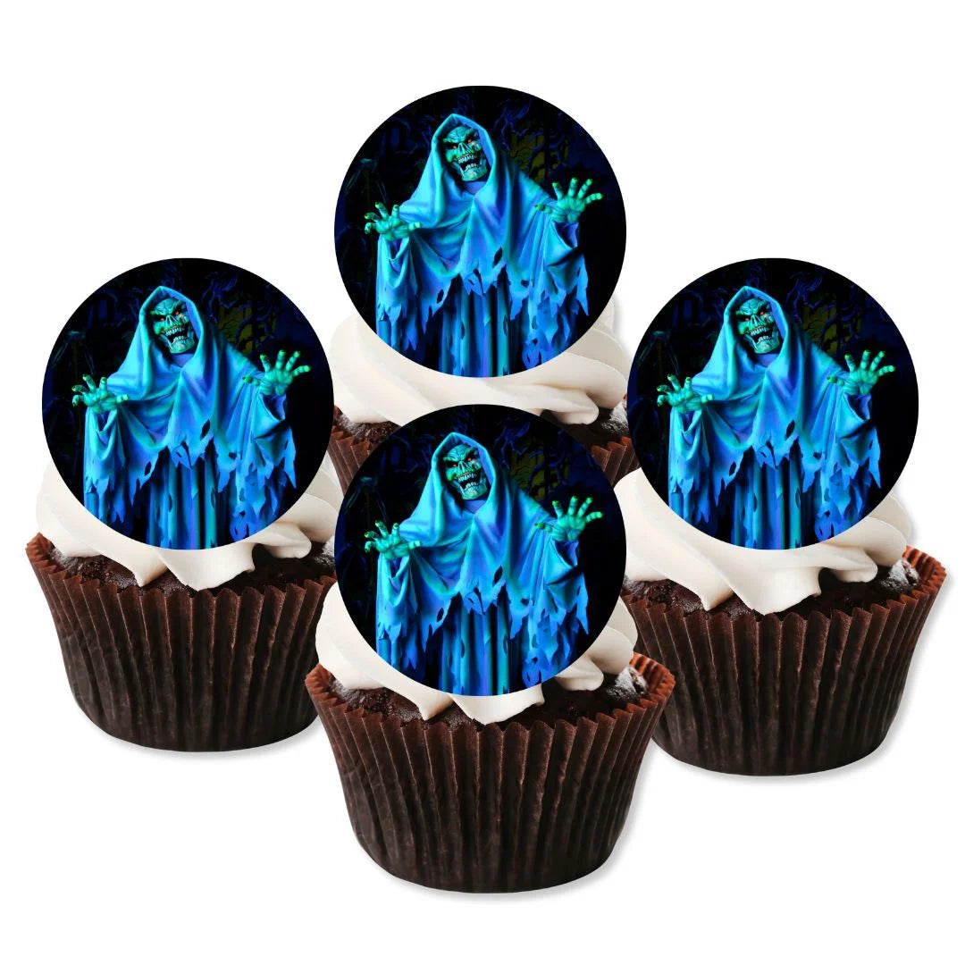 Halloween Scary Ghost Edible Cupcake Toppers on chocolate cupcakes with white frosting 