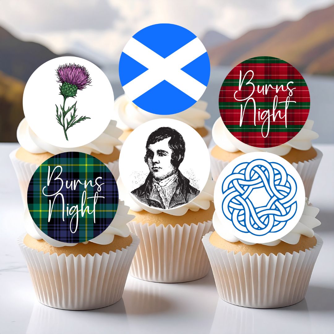 Cupcakes with 'Burns Night' themed toppers featuring a thistle, Scottish flag, tartan pattern, and Robert Burns portrait.