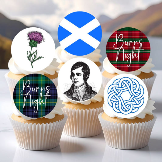 Cupcakes with 'Burns Night' themed toppers featuring a thistle, Scottish flag, tartan pattern, and Robert Burns portrait.