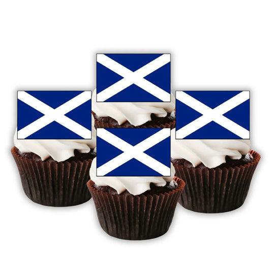 Scottish Flag Edible Cupcake Toppers on chocolate cupcakes with white frosting 