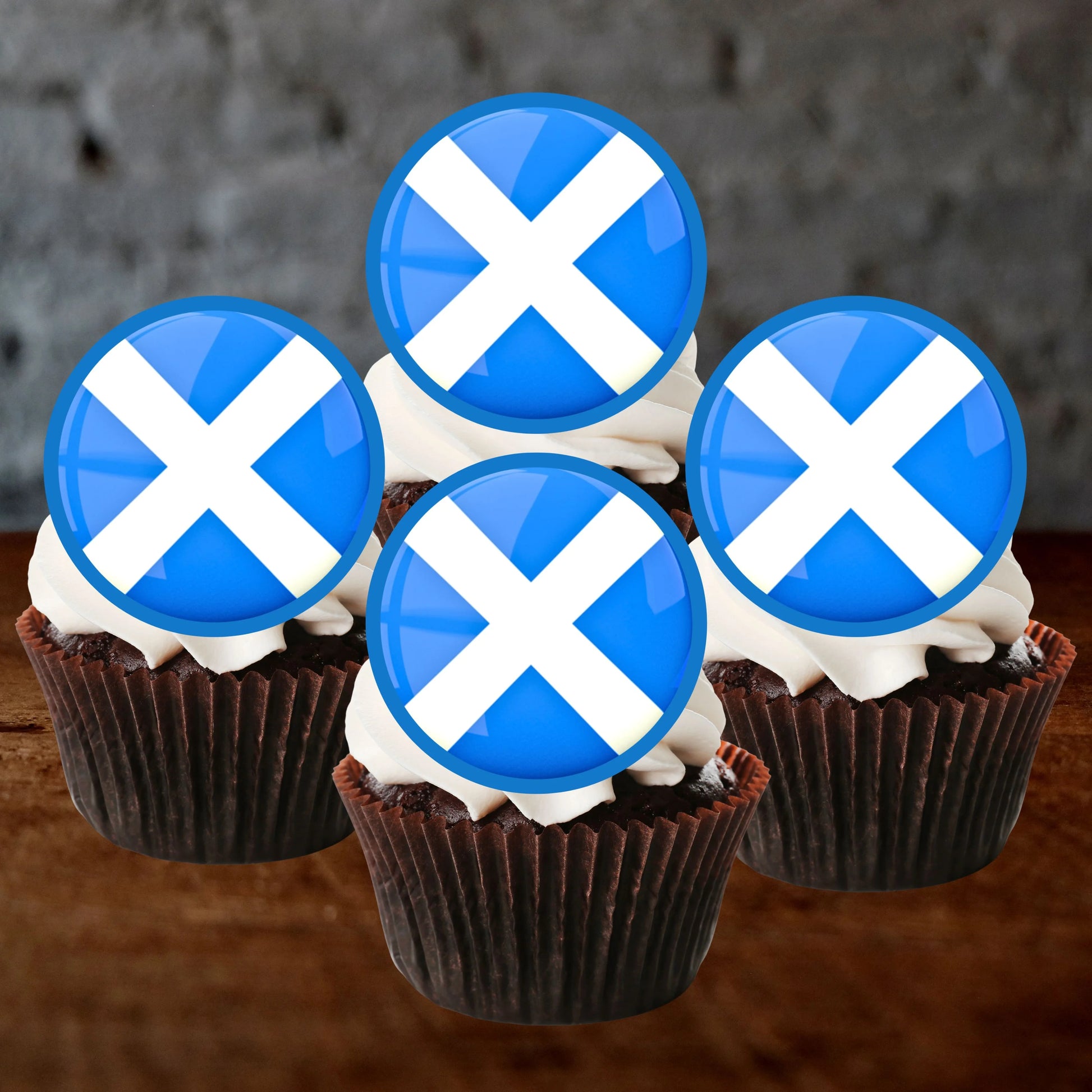 Scottish Flag Edible Cupcake Toppers on chocolate cupcakes with white frosting 