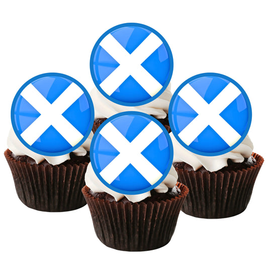 Scottish Flag Edible Cupcake Toppers on chocolate cupcakes with white frosting 