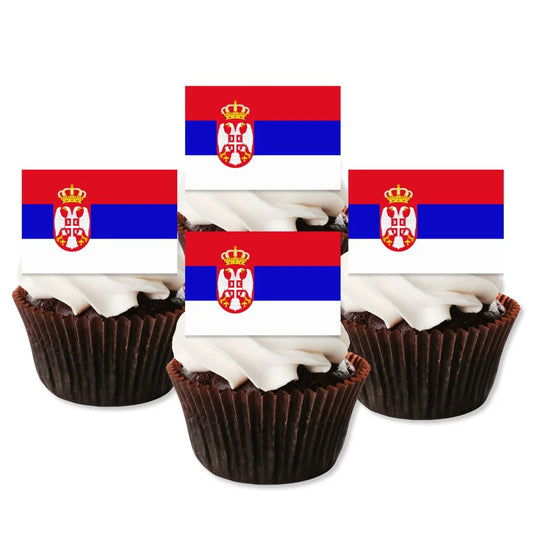 Serbia Flag Edible Cupcake Toppers on white frosted cupcakes 