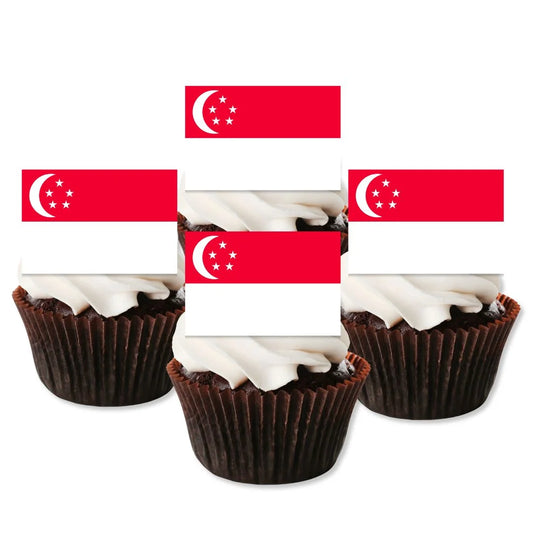 Singapore Flag Edible Cupcake Toppers on four white frosted cupcakes